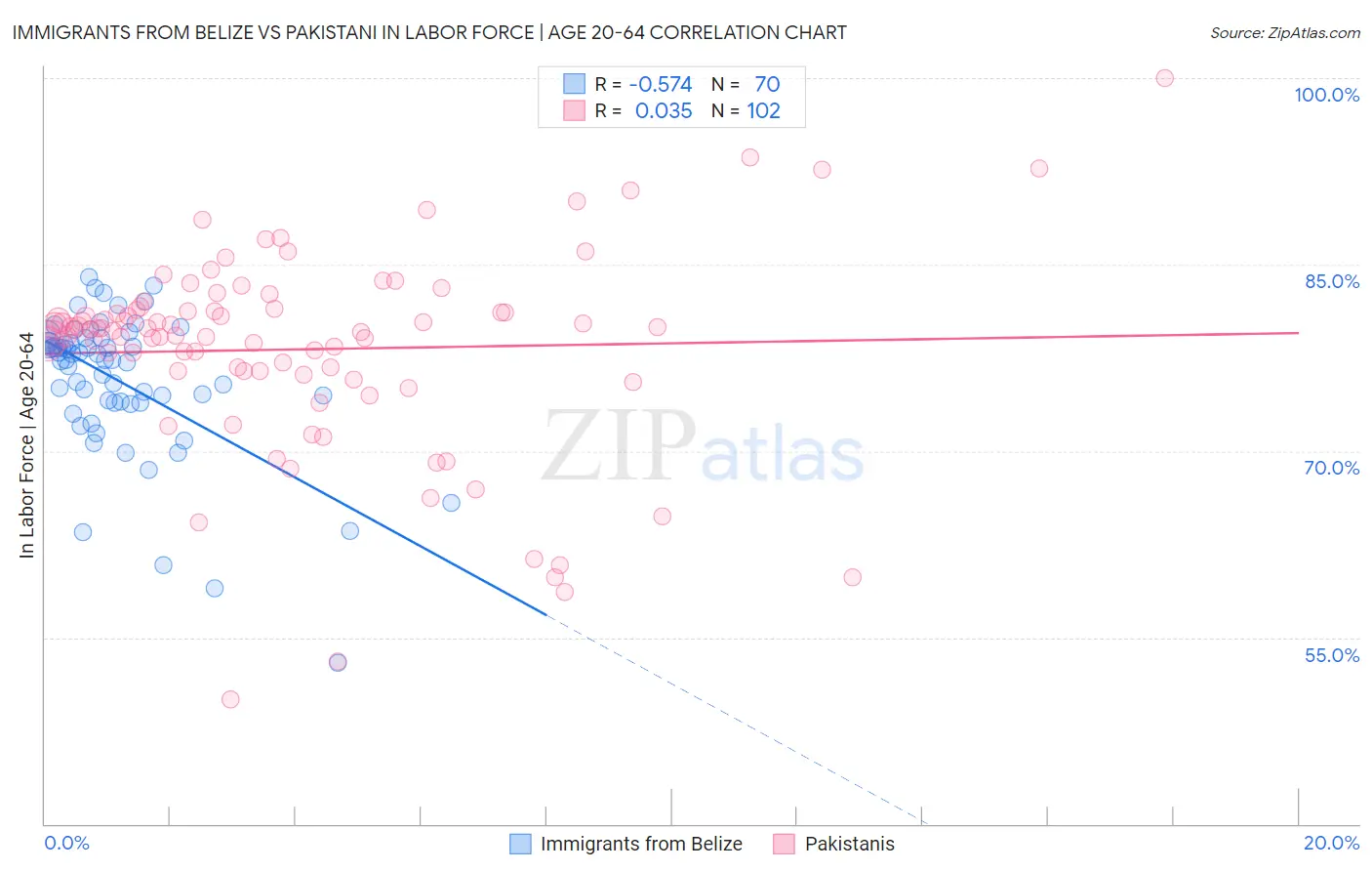 Immigrants from Belize vs Pakistani In Labor Force | Age 20-64