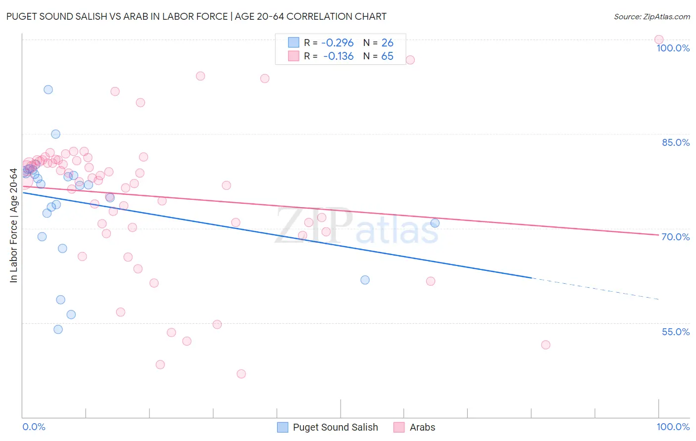 Puget Sound Salish vs Arab In Labor Force | Age 20-64