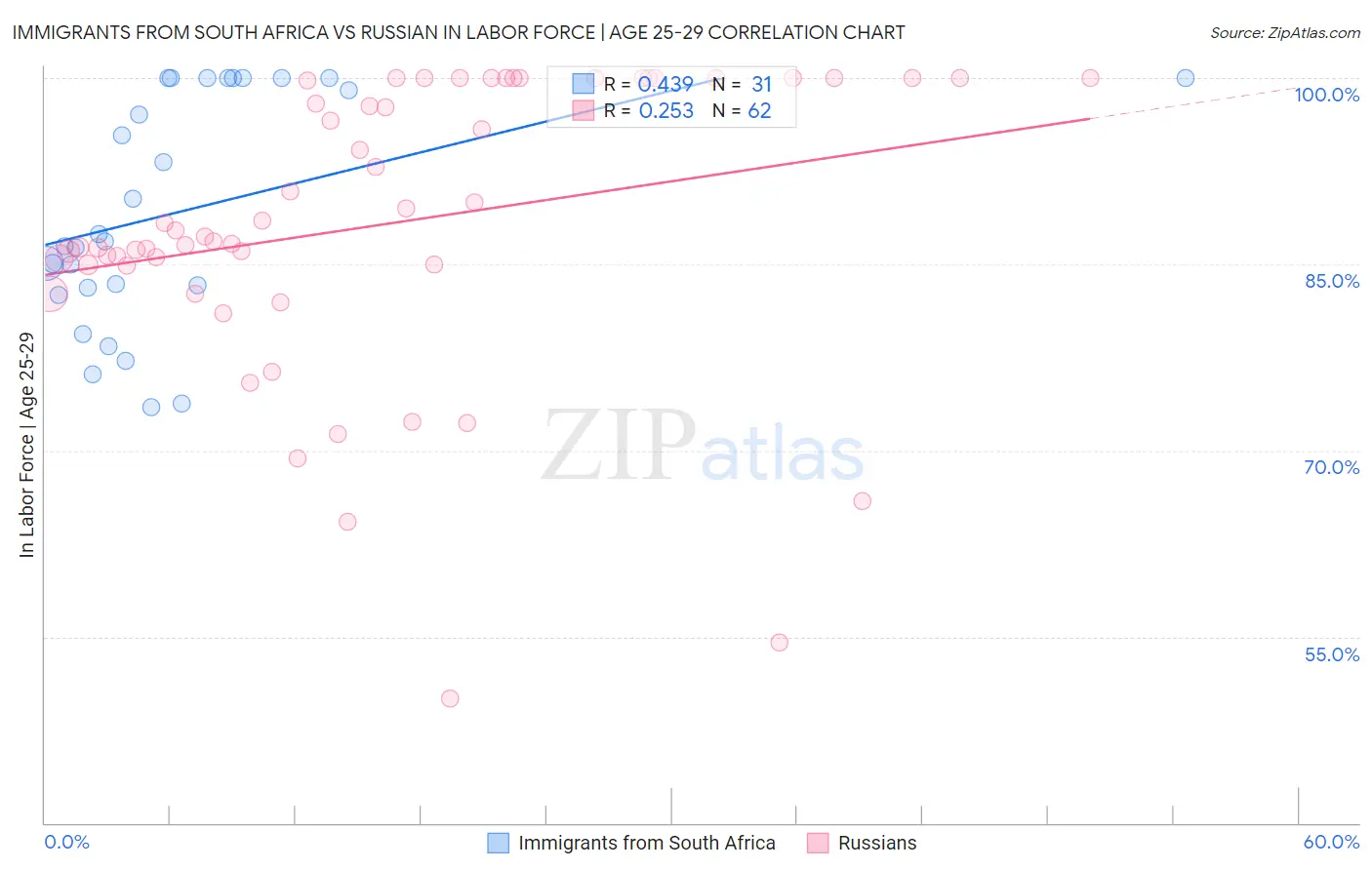 Immigrants from South Africa vs Russian In Labor Force | Age 25-29