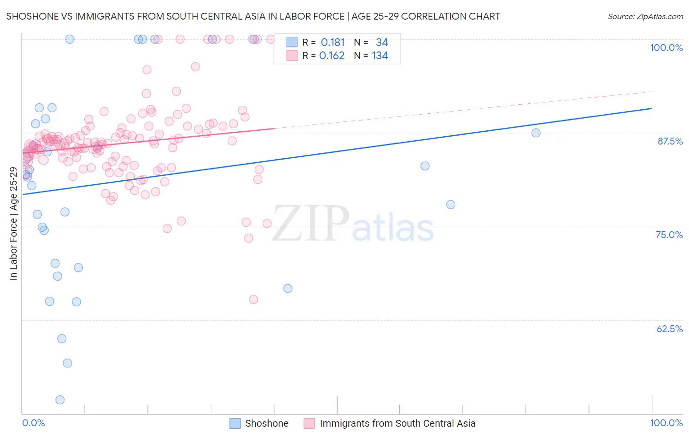 Shoshone vs Immigrants from South Central Asia In Labor Force | Age 25-29