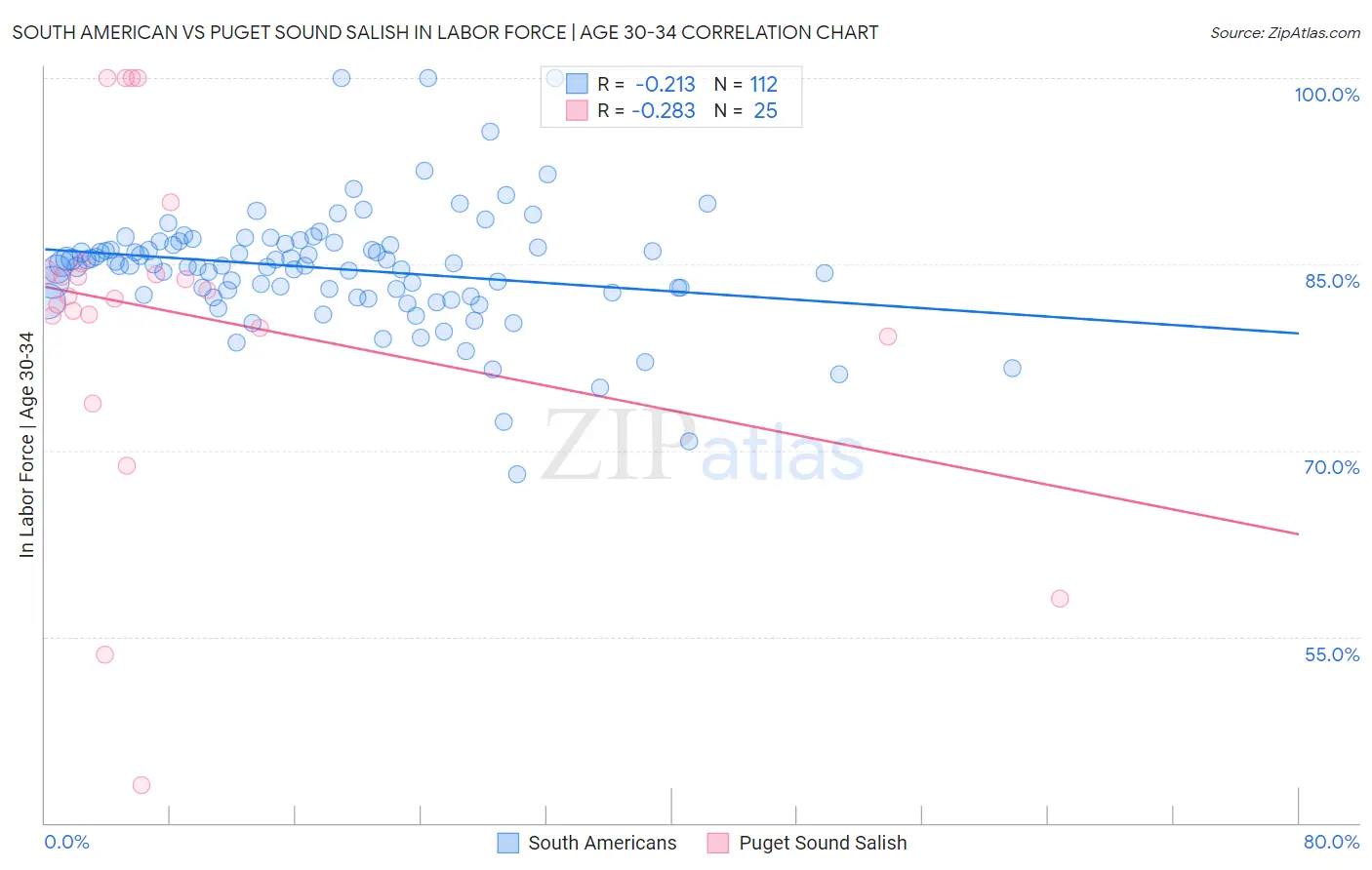 South American vs Puget Sound Salish In Labor Force | Age 30-34