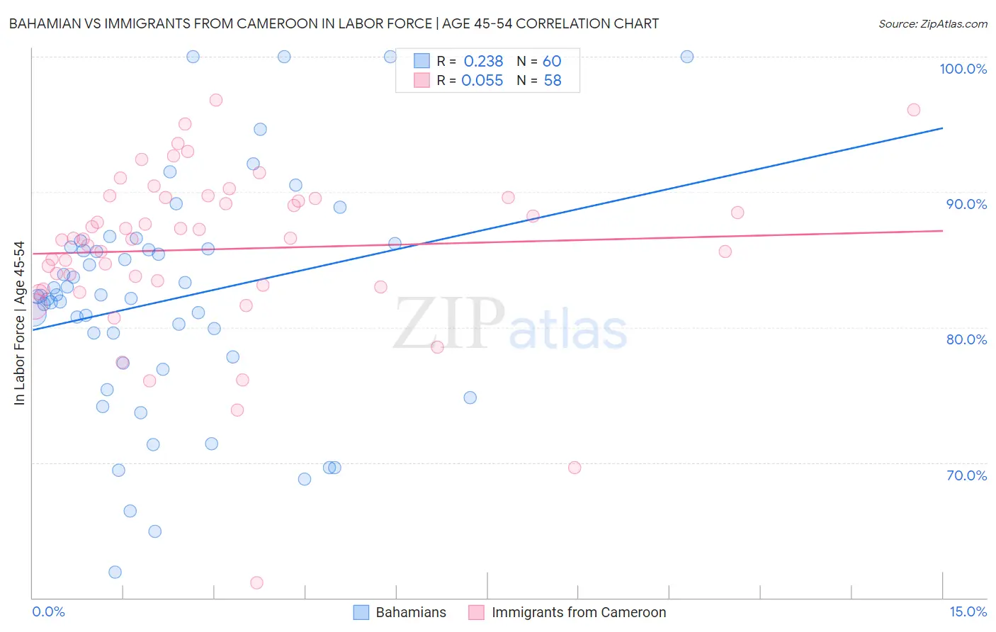 Bahamian vs Immigrants from Cameroon In Labor Force | Age 45-54