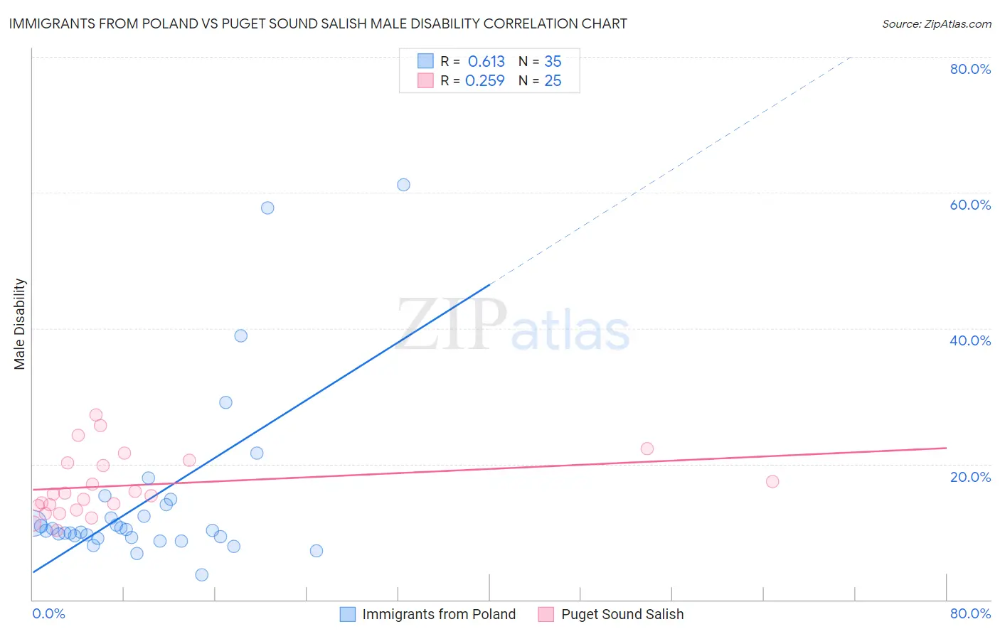 Immigrants from Poland vs Puget Sound Salish Male Disability