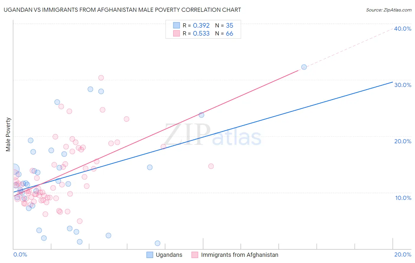 Ugandan vs Immigrants from Afghanistan Male Poverty