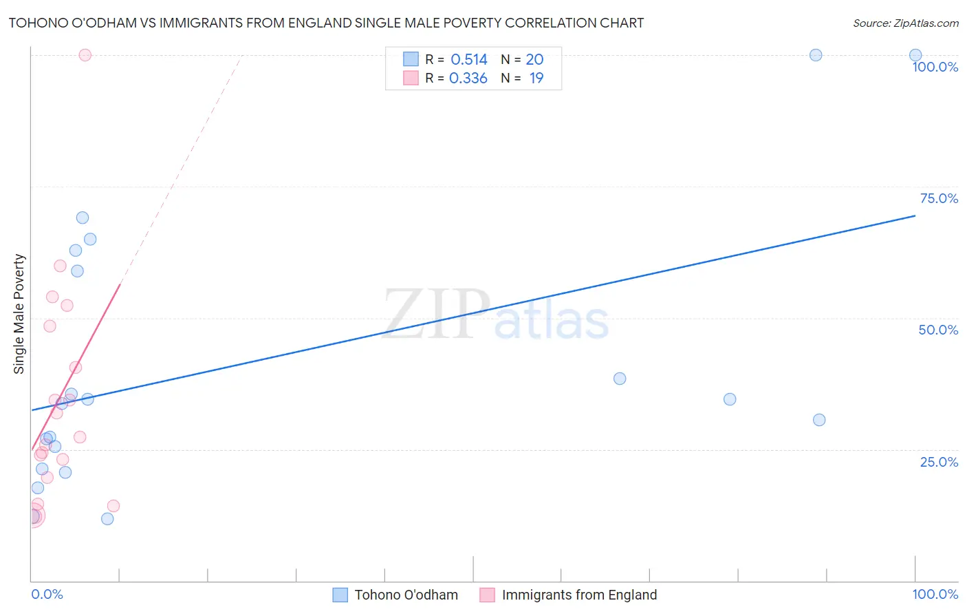 Tohono O'odham vs Immigrants from England Single Male Poverty