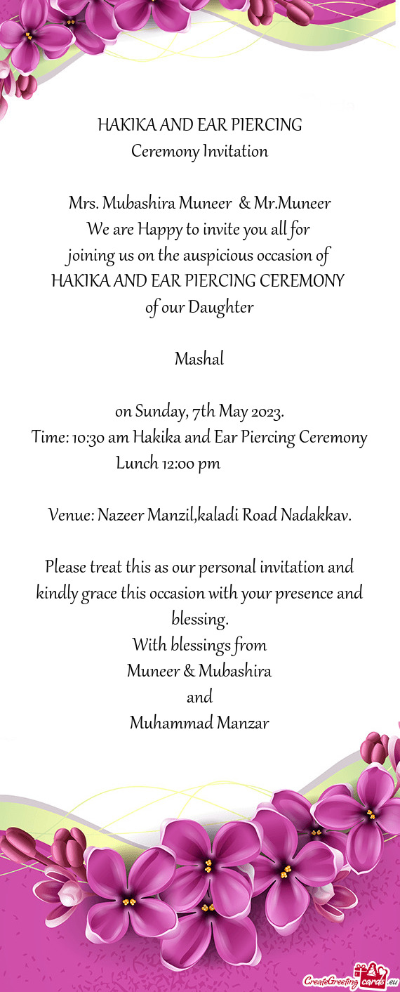 Venue: Nazeer Manzil,kaladi Road Nadakkav